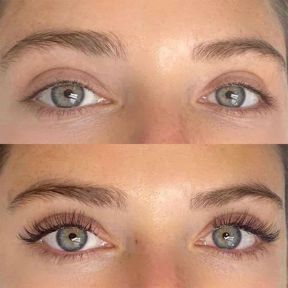 Before and after lash extensions on both eyes, bare natural lashes above and a finished full set below