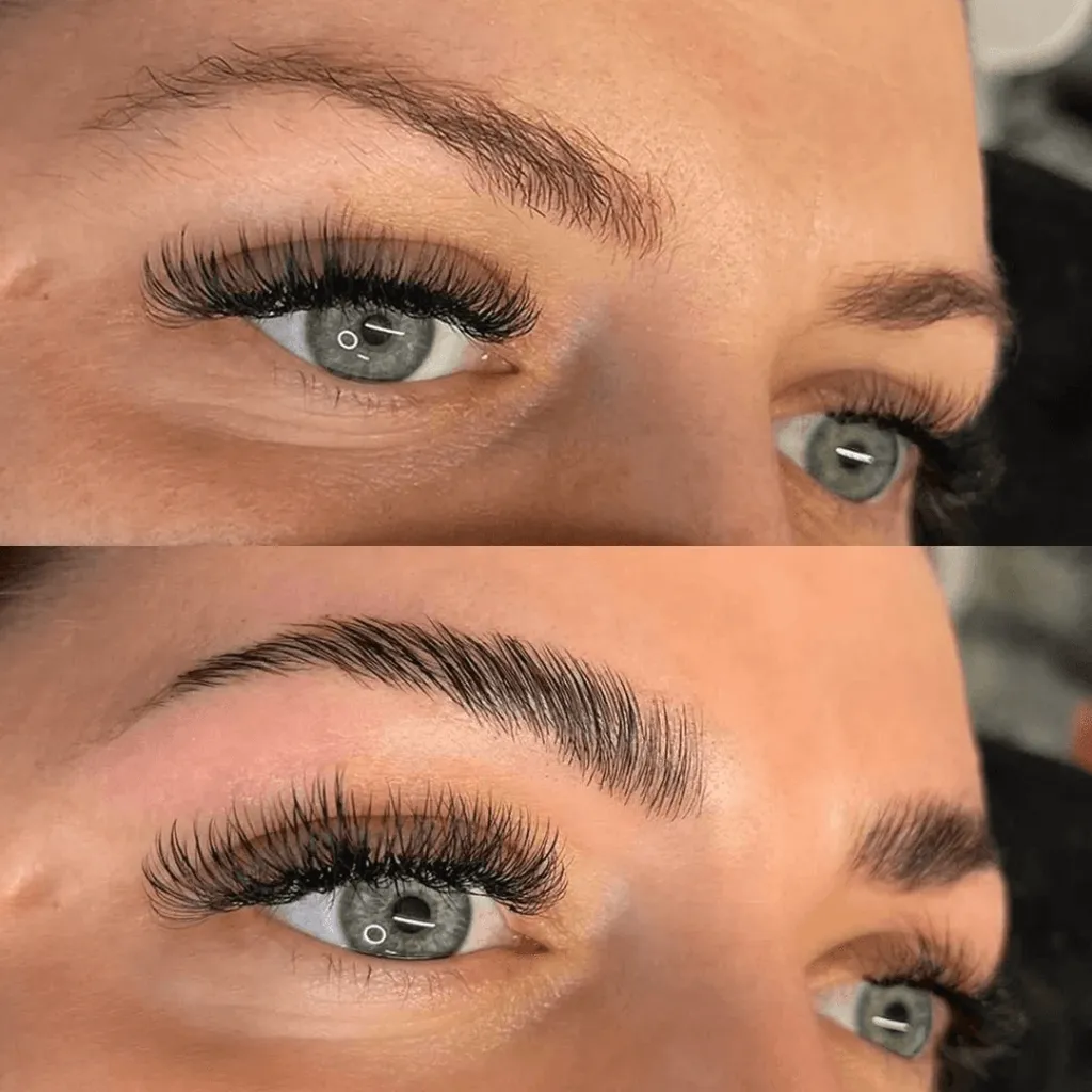 Brow lamination and tint before and after, with lash extensions: the laminated brow below is smoothed and brushed upward into a fuller shape