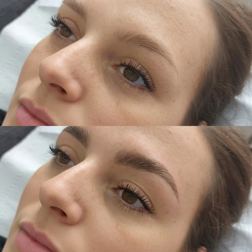 Brow lamination before and after, sparse brow hairs smoothed and brushed upward into a fuller shape