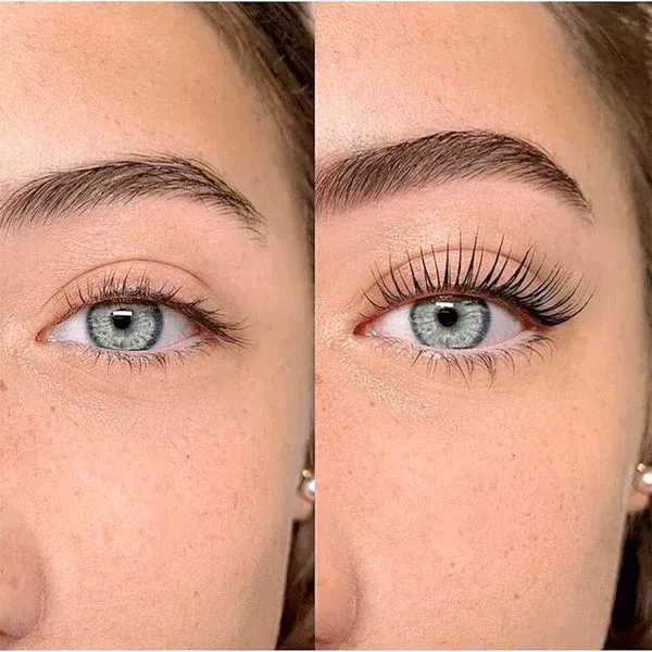 Lash lift before and after side by side, straight lashes lifted into an open curl