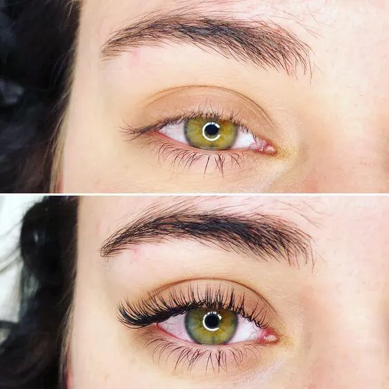 Hybrid lash extensions before and after, sparse natural lashes above and a textured full set below