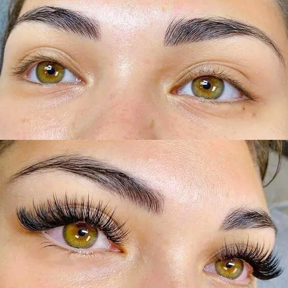 Volume lash extensions before and after on both eyes, showing a dense, fanned lash line