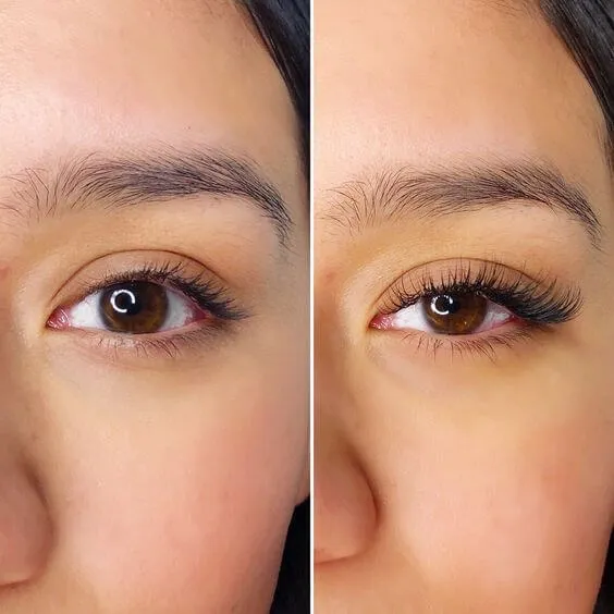 Classic lash extensions before and after, shown side by side