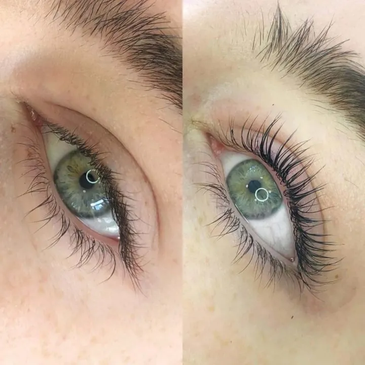 Lash lift before and after side by side, showing straight lashes lifted into an open curl