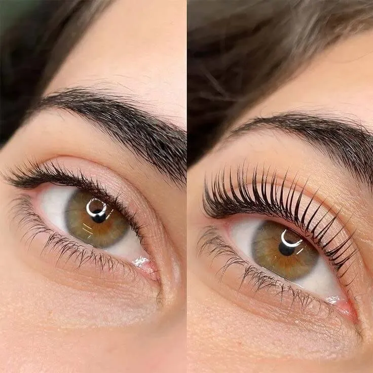 Lash lift and tint before and after, lashes curled and darkened