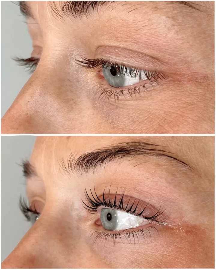 Lash lift and brow lamination before and after on the same client, shown one above the other
